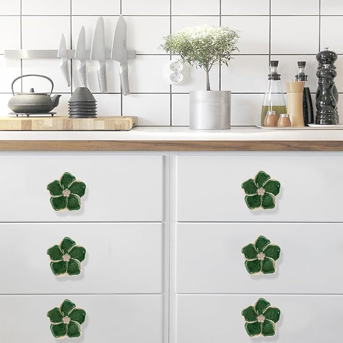 4 pcs Petal Knob Handle Unique Zinc Alloy Flower Shape Single Hole Knob Handle for Cabinets,Drawers, Wardrobes Furniture Decoration(Green (Gold Bottom))