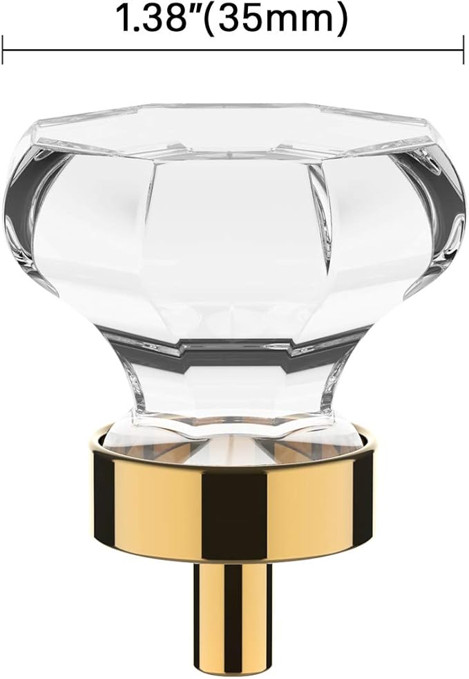 Alzassbg 6 Pack Clear Crystal with Polished Brass Cabinet Knobs, 1-3/8 Inch(35mm) Cabinet Hardware Octagon Glass Crystal Knobs for Drawers AL1021BG