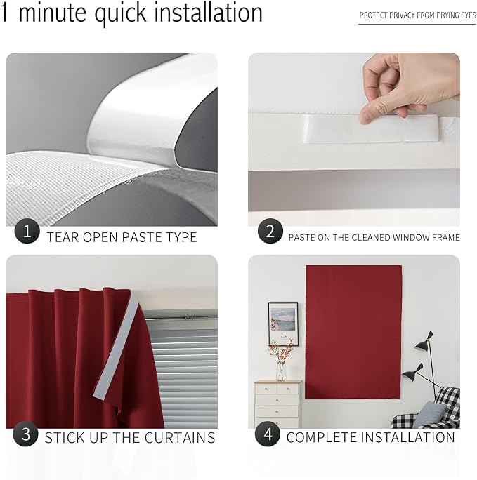 Thermal Blackout Curtains with Self-Adhesive Tape, No Rod No Drill Easy Install - Image 4