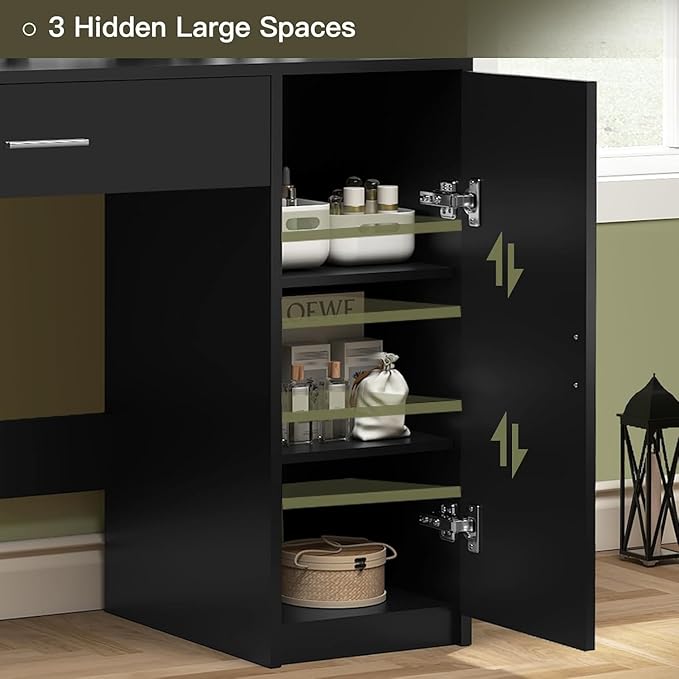 Quimoo Makeup Vanity Desk with Mirror & Lights, Vanity Desk with 5 Drawers & Storage Shelves, Vanity Table, 3 Color Modes & Adjustable Brightness Dressing Table, Bedroom, Black