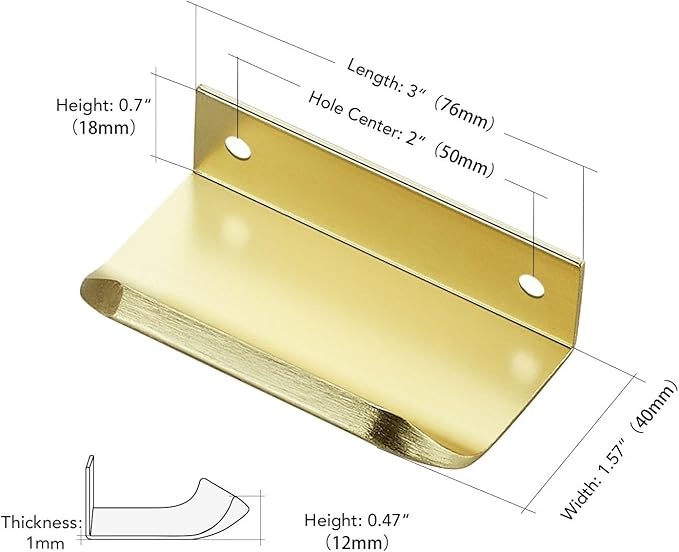 Ravinte Hardware 20 Pack Gold Cabinet Handles, 3 Inch (76mm) Finger Edge Pulls, 2 Inch Hole Center, Finger Pulls for Cabinets