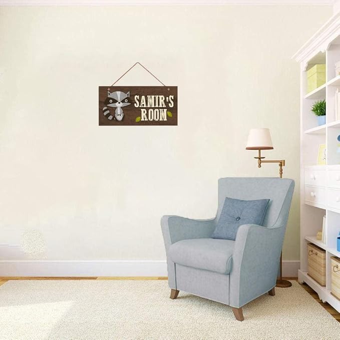 Personalized Signs Cute Raccoon Sign Customized Wall Art Decoration Custom Name Kids Room Baby Nursery Door Decor For Boys Room Girls Bedroom Little Man Cave