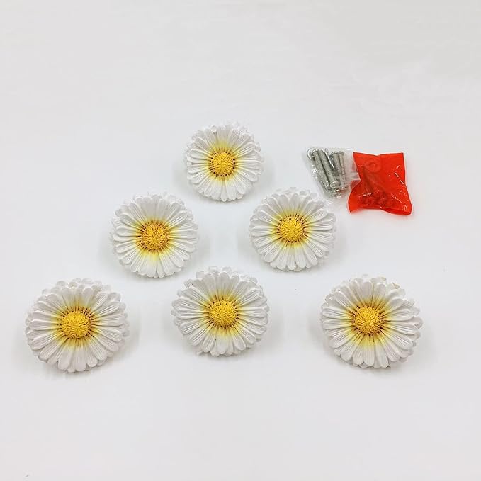 Daisy Vintage Resin Hand Painted Drawer Pulls Cabinet Knobs Handles Country Kitchen Home Decoration White (Pack of 6)