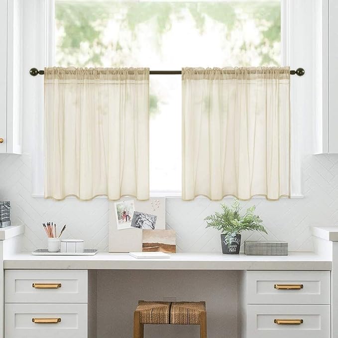MIULEE 2 Panels Kitchen Tiers Half Window Sheer Curtains 29 X 24 Inch Beige | - Image 6