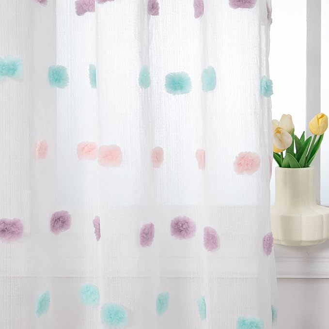 MYSKY HOME Living Room Curtains for Window Rainbow Pom Pom Curtains 120 Inch Length Long for Bedroom Set of 2 Semi White Sheer Curtains Parties Farmhouse Rod Pocket Boho Backdrops 37" x 120"