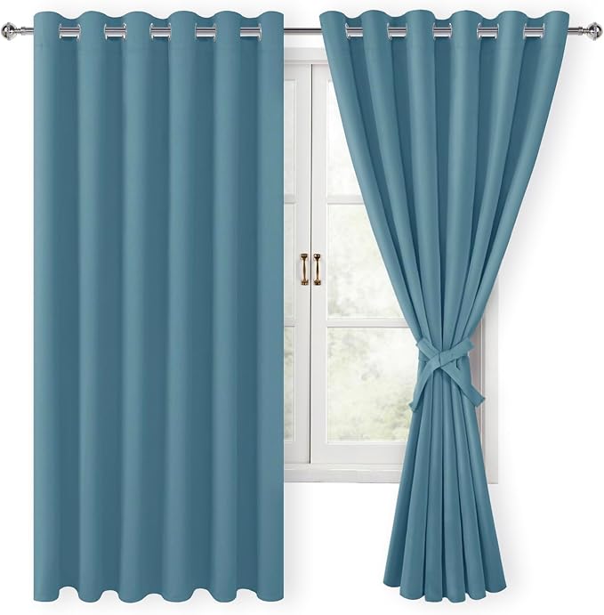 Grommet Blackout Curtains for Bedroom, 70 x 63 Inches, Stone Blue | Thermal by Hiasan