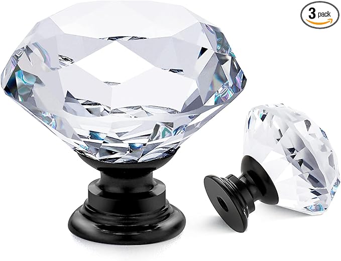 Ravinte 3 Pack Crystal Drawer Knobs - Glass Cabinet Knobs, Diamond Shaped, 30 mm with Black Base