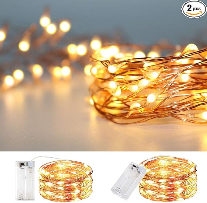 String Lights, Waterproof LED String Lights,2 Pack 20ft 60 LED Festival Decorations Crafting Battery Powered Copper Wire Starry Fairy Lights (Warm White)