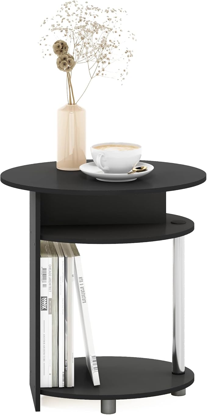 Furinno JAYA Simple Design Oval End Table with Bin, Americano/Chrome