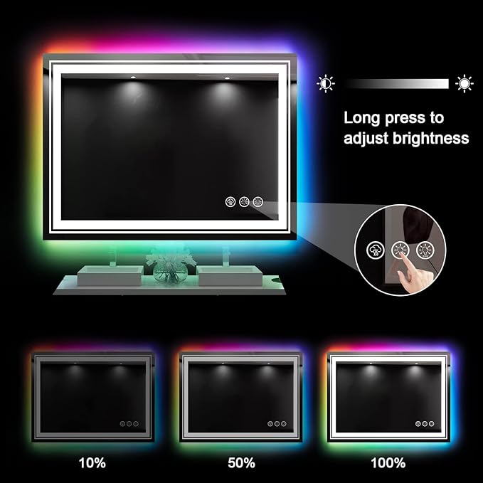 LED Mirror for Bathroom, 28"X36" with 8 RGB Backlit +3 Front Lit (Adjustable Individually), Anti-Fog, Lighted Bathroom Vanity Mirror for Wall, Shatterproof, Memory Function, Tempered Glass