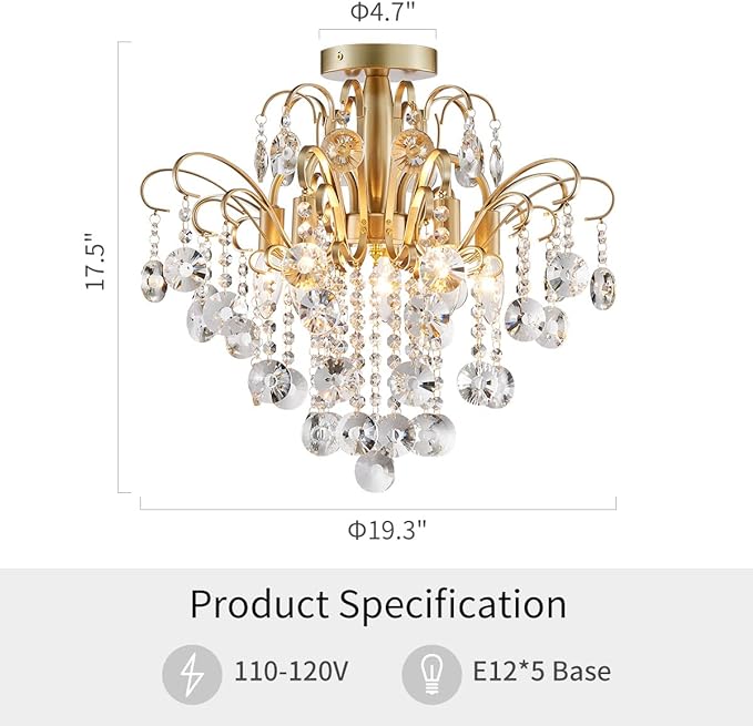 WUZUPS Crystal Chandelier Flushmount Ceiling Light Modern Lighting Fixture for Bedroom Hallway Bar Kitchen Bathroom, H 17.5'' x W 19.3'', E12 Base, Gold