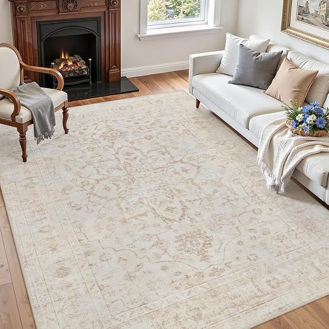 6x9 Area Rugs Living Room: Bedroom Washable Carpet Warm Beige | Vintage Boho - Image 3