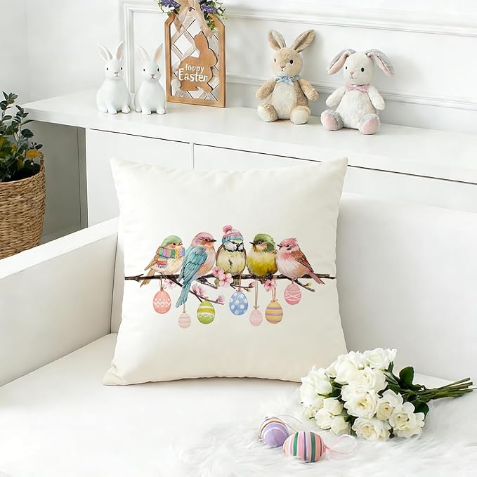 RABUSOFA Easter Pillow Covers 18x18 inch Easter Decorations Pink Birds Colorful - Image 3