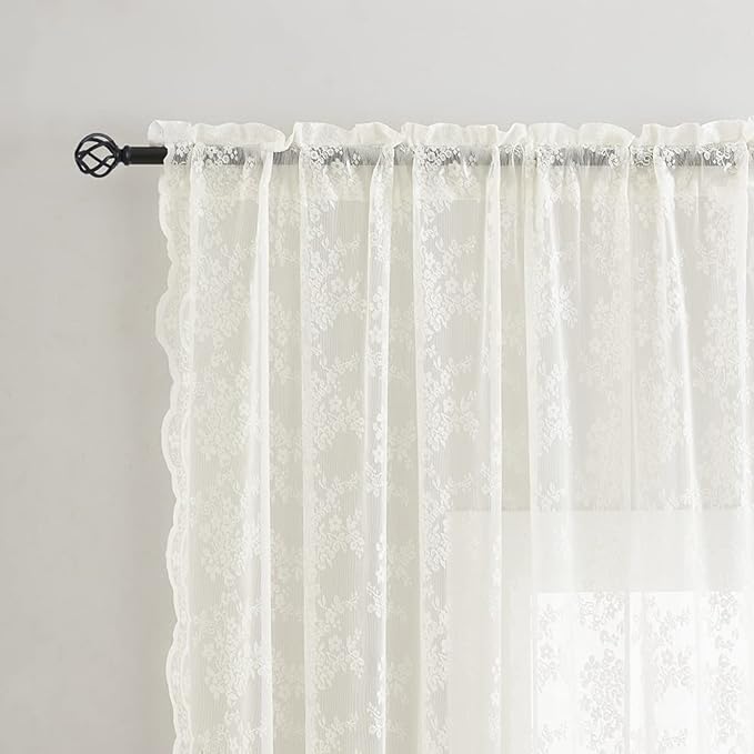 YJ YANJUN Vintage Lace Curtains 72 Inches Long- Antique Flowers Ivory Sheer - Image 3