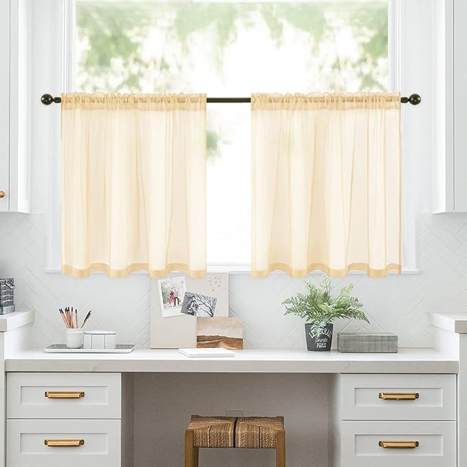MIULEE 2 Panels Half Window Sheer Curtains 29 by 24 Inch Cream Beige | Rod - Image 6