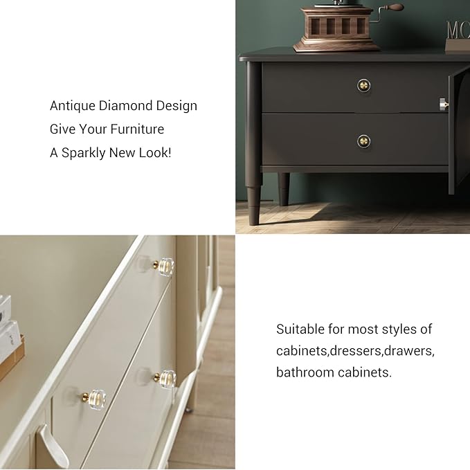 6-Pack 1-1/4-Inch White Cabinet Glass Crystal Brass knobs Brass Drawer Round Knobs Dresser Pulls, Gold Hardware Kitchen Closet knobs for Bifold Doors