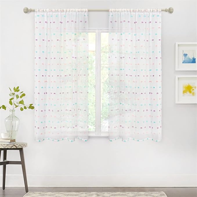 MYSKY HOME Short Curtains for Bedroom Rainbow Pom Pom Sheer Curtains Kitchen Bathroom 54 Inches Long Curtains Nursery Boys Kids Room Rod Pocket 2 Panels Small Window 38" x 54"