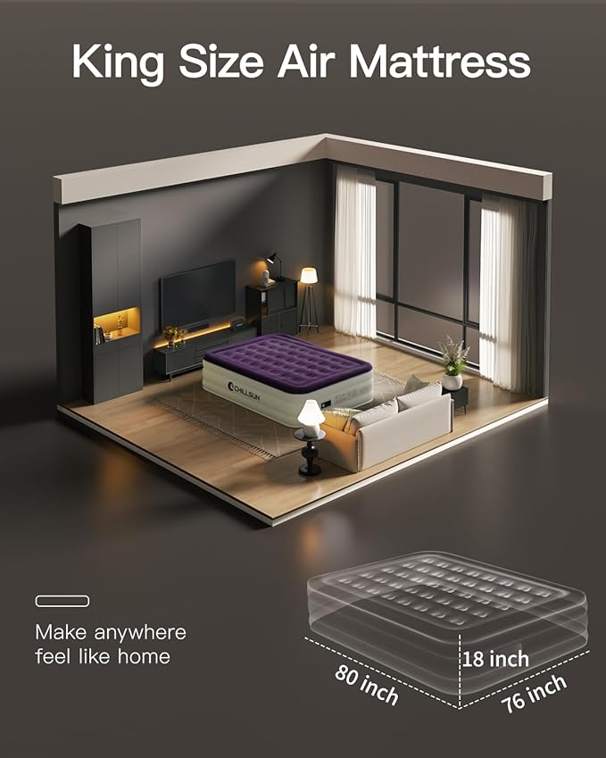 CHILLSUN King Air Mattress with Built in Pump, 18" Raised Comfort Blow up Mattress, Upgraded Air Bed Inflatable Mattress for Guests & Home, colchones inflables, AirBed, 750lbs Max