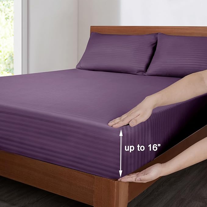 Mejoroom Striped Full Size Sheets – Extra Soft Full Size Bed Sheets - 16inches deep Pocket Full Sheet Set, Breathable, Wrinkle, Fade and Stain Resistant - 4 Piece (02-Purple)