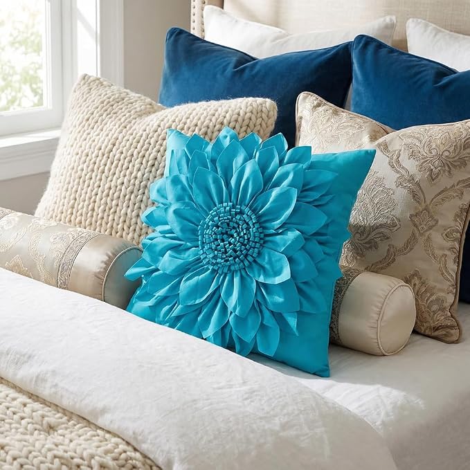 Teal Blue Accent Flower Decorative Throw Pillow Covers - Image 6