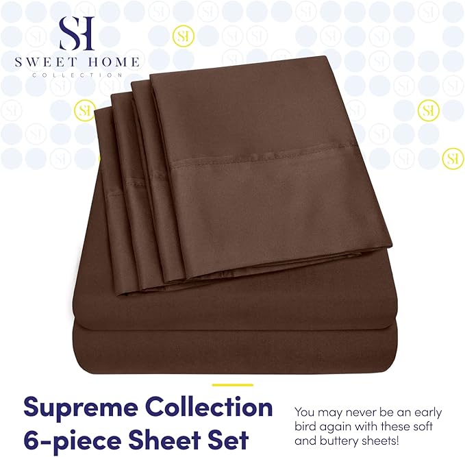 Cal King Size Bed Sheets - 6 Piece 1500 Supreme Collection Fine Brushed Microfiber Deep Pocket California King Sheet Set Bedding - 2 Extra Pillow Cases, Great Value, California King, Brown