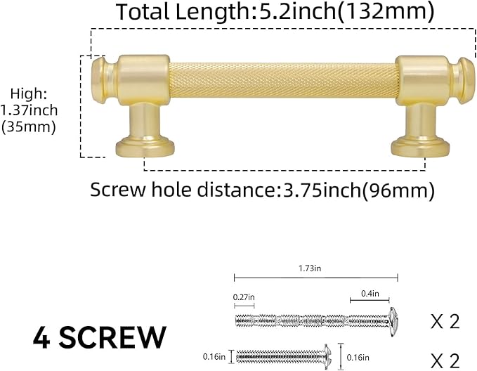 10 Pack 3-3/4 inch(96mm) Brushed Brass Kitchen Cabinet Pulls - Gold Drawer Pulls & Dresser Handles