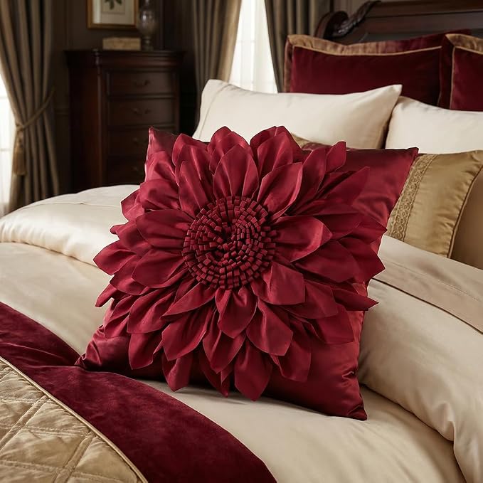 Burgundy Accent 3D Flower Decorative Throw Pillow Covers - Image 6