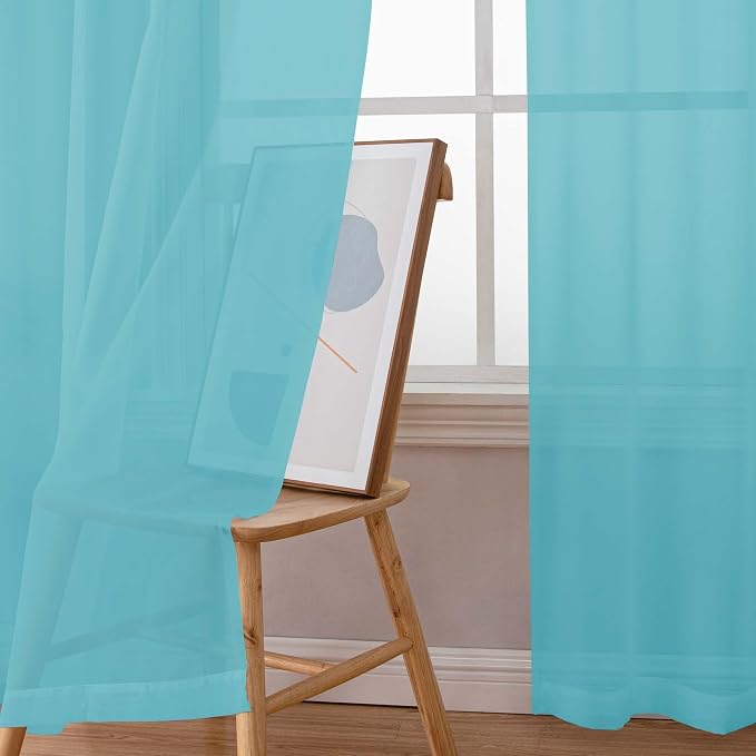 Chyhomenyc Sheer Curtains 63 Inch Length 2 Panels, Aqua | Light Filtering - Image 2