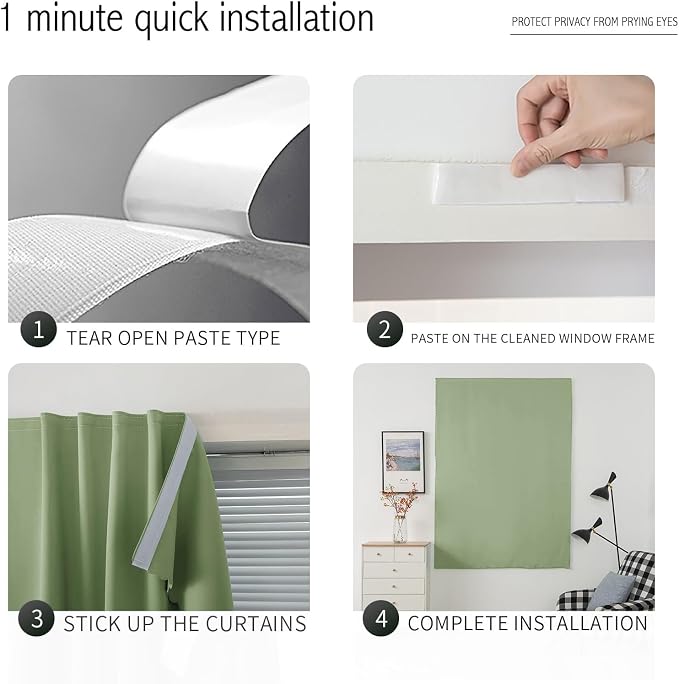 Thermal Blackout Curtains with Self-Adhesive Tape, No Rod No Drill Easy Install - Image 4