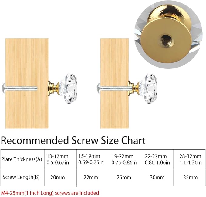 Tomorotec Elegant Crystal Diamond-Shaped Glass Drawer Pulls - Set of 12 with Golden Base and Screws, 1.2 inch/30mm - Ideal for Kitchen, Bathroom, Dresser and Wardrobe Cabinets