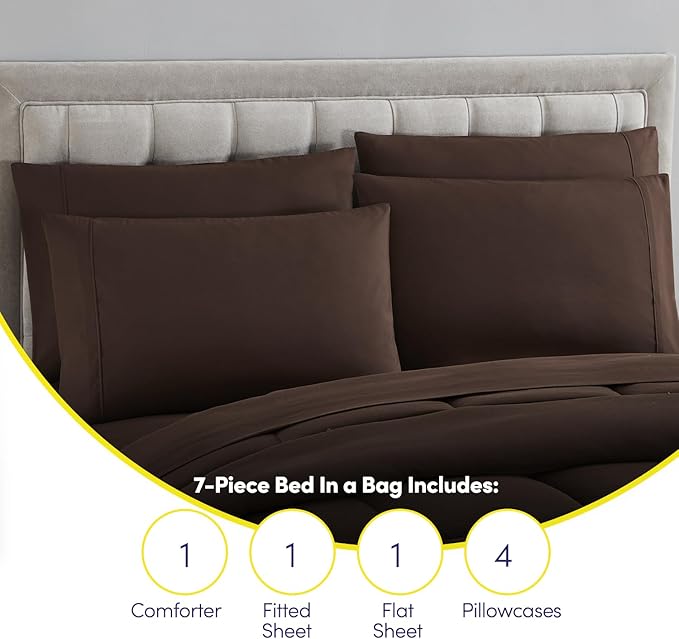 RV Short Queen Comforter Set for RV Camper - Comforter Set with Fitted & Flat Sheet, 4 Pillowcases - Tailored for RV Short Queen Beds - Cozy Essentials for Your RV Bedroom, Brown