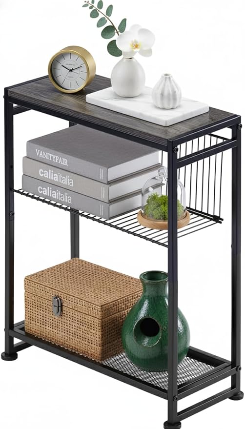 Dulcii Small Side Table for Small Spaces - Slim End Table with Magazine Holder Narrow End Table Living Room - Skinny Bedside Table Nightstand Bedroom Thin Side Table (Grey)