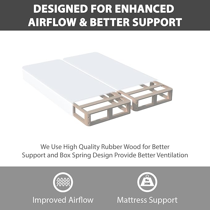 Nutan, 4-Inch Sturdy Wood Box Spring for Mattress Support - Durable and Fully Assembled, Natural Wood Foundation for Queen, White
