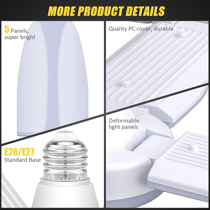 LED Garage Lights 2 Pack, 4 Foot Adjustable Ceiling Light, 6500k 8000LM Deformable E26/E27 Garage Lights for Shop, Basement, Workshop