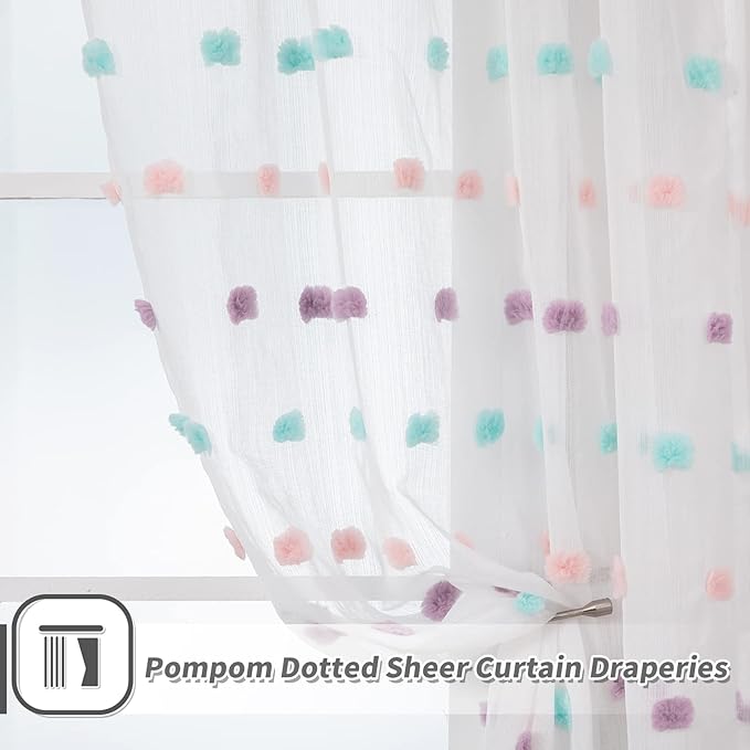 MYSKY HOME Rainbow Curtains for Bedroom Nursery Pom Pom Curtains Kids 84 Inch Length Long White Sheer Curtains 2 Panels Set for Living Room Girls Room Rod Pocket Farmhouse Dining Room 52 x 84 inch