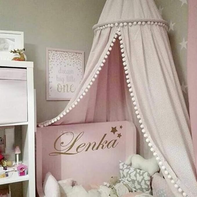 Bed Canopy with Pom Pom for Kids Crib Baby Girl Netting Cover Canopy Crib Curtain Reading Nook Hanging Tent Nursery Play Game Castle Room Decoration (Pink)