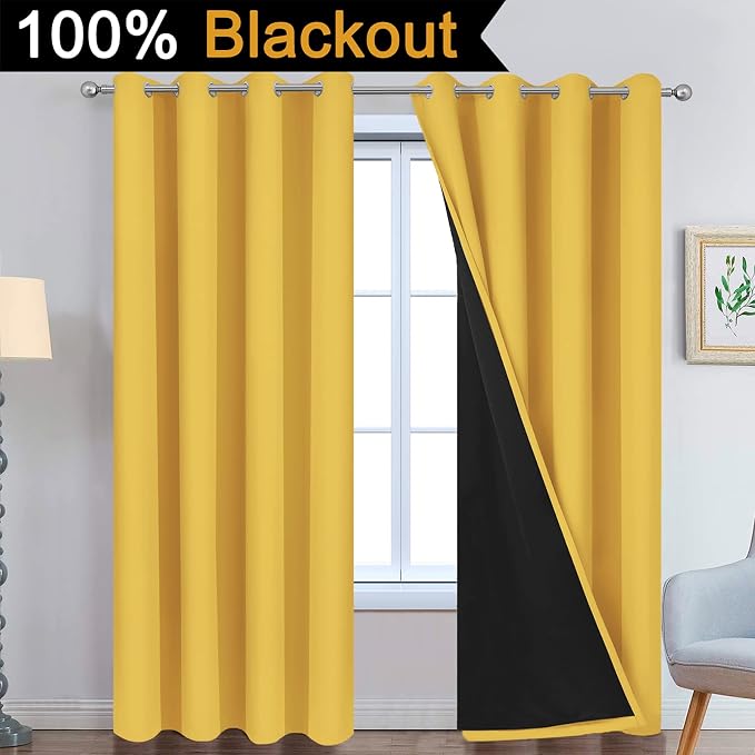 Yakamok Mustard Yellow Blackout Curtains Panels 96 Inches Long, 2 Thick Layers - Image 2