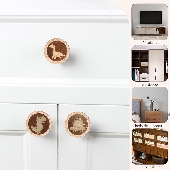 6 Pack Dinosaur Dresser Knobs 40MM/1.57" Wooden Animal Cabinet Knobs for Nursery Room Kids Drawer Pull Handles with Screws
