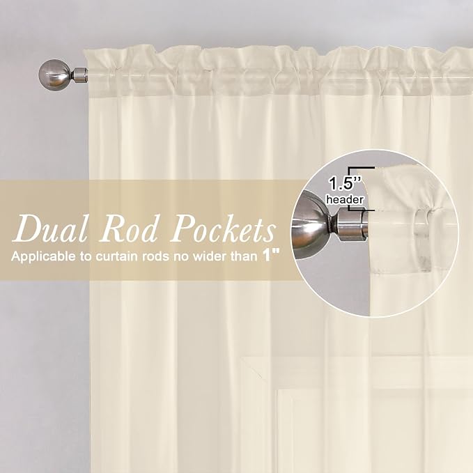 Cream Sheer Curtains 72 Inches Long 2 Panels, Light Filtering Curtains - Image 2