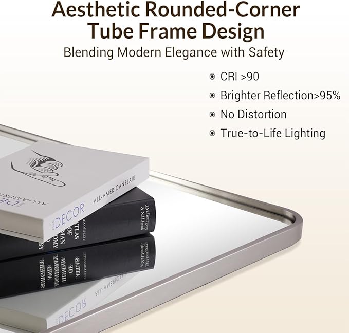ANDY STAR 40x36 Inch Brushed Nickel Bathroom Mirror, Rounded Rectangle Bathroom Vanity Mirrors for Wall, Anti-Rust SUS304, Seamless Tube Metal Frame, 1’’ Deep Wall Mounted Vertically/Horizontal