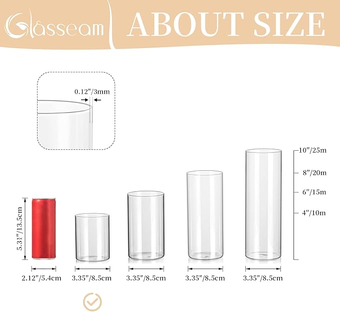 Glasseam Hurricane Glass Candle Holder Set of 6, Cylinder Clear Candle Holders for Pillar Candles, Modern Cylinder Vases for Floating Candles, Vases for Centerpiece Wedding Table Decorations, 4inch
