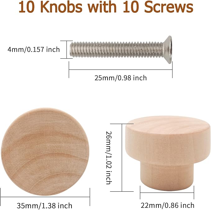 10PCS Wood Knobs Flat Top Round Cabinet Knobs 1.39"(35mm) Unfinished Wooden Dresser Drawer Pulls Kitchen Cabinet Handles