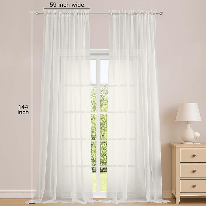 Extra Long Ivory Sheer Curtains 144 inch 2 Panels Set, Translucent Backdrop - Image 2