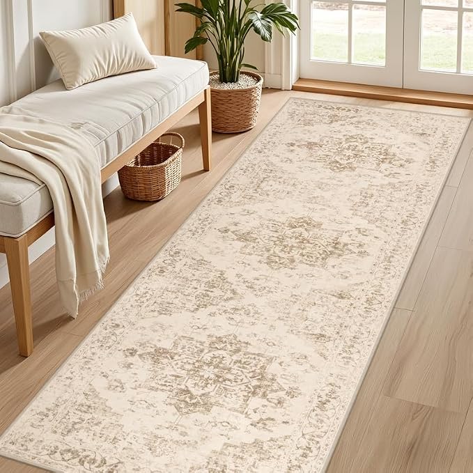 2'6''x8' Hallway Washable Runner Rug: Kitchen Carpet Beige/Ivory | Vintage Boho - Image 2