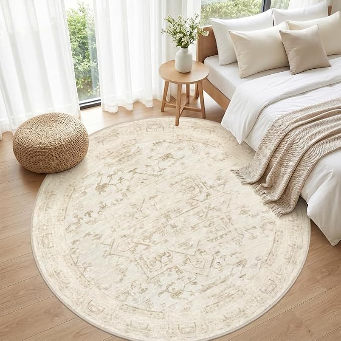 Round Area Rug Living Room: 6ft Washable Carpet Beige/Brown | Vintage Boho - Image 4