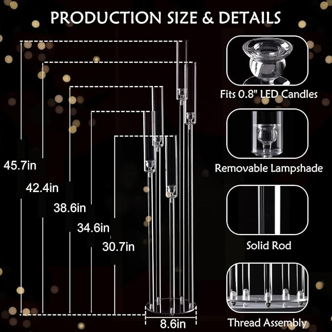 2pcs 5 Arm Floor Candelabra,Acrylic Floor Candle Holder for Wedding Centerpiece Tall Clear Candle Holders for Ceremony Birthday Party Home Decoration Fit 0.8 LED Candles