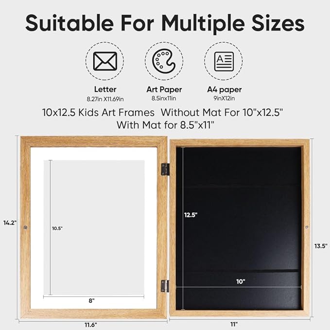 [2-Pack]Kids Art Frames,10x12.5 Front Opening Kids Artwork Frames Changeable, Display 8.5x11 or 9x12 With Mat,Holds 50 Pcs,for 3D Picture,A4 Artwork,Crafts,Childrens Drawing,Art Projects Storage-Wood