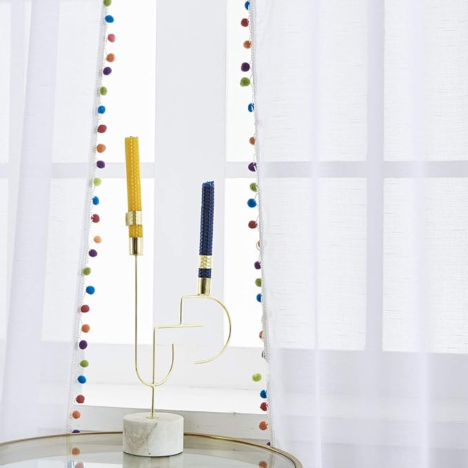 Treatmentex White Sheer Curtains Multi Colorful Pom Pom Sheer Drapes 63" inches Long Window Draperies for Nursery Room Bed Canopy 2 Panels Rod Pocket