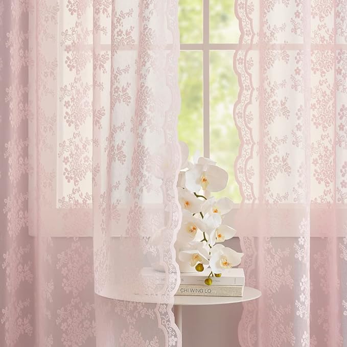 YJ YANJUN Vintage Lace Curtains 63 Inches Length- Cute Sheer Pink Curtains - Image 2