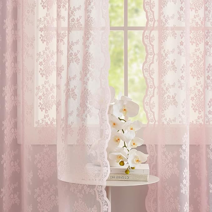 YJ YANJUN Vintage Lace Curtains 84 Inches Long- Pretty Pastel Floral Pink Sheer by YJYANJUN